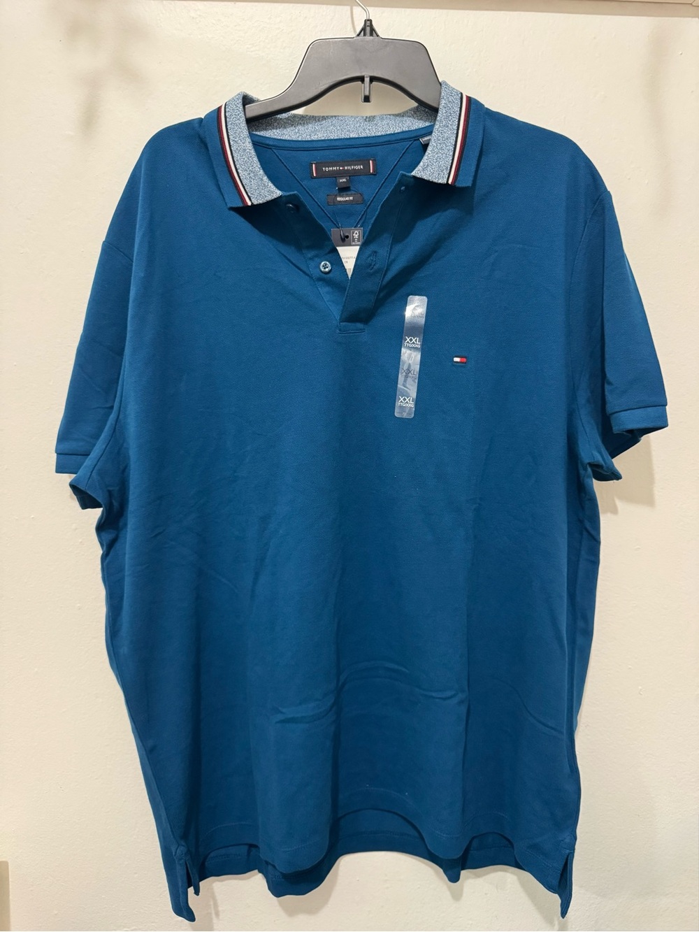 Tommy Hilfiger Teal Blue Polo with Contrast Triple-Stripe Collar